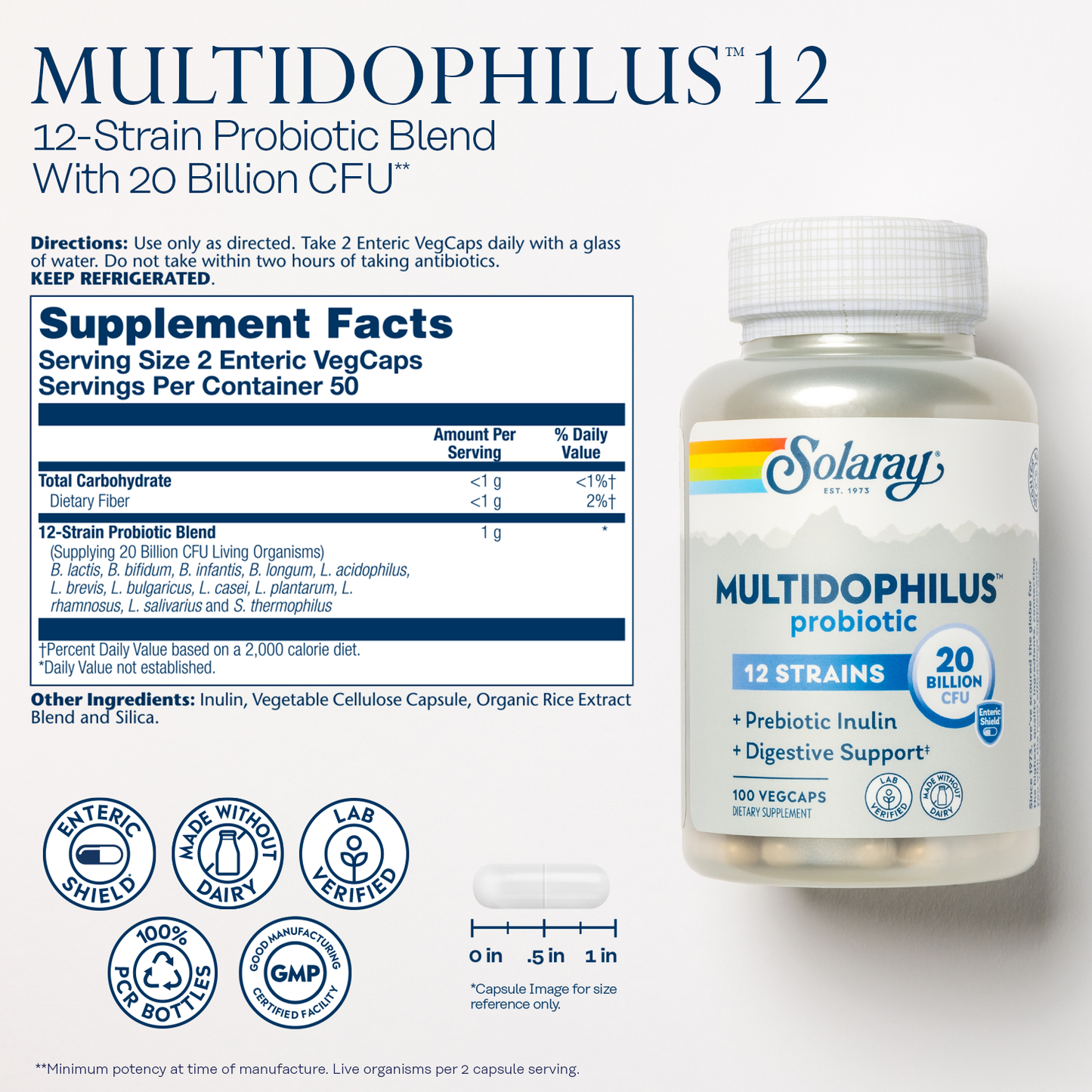 SOLARAY Multidophilus 12 Strain Probiotic 20 Billion CFU, Probiotics for Digestive Health and Gut Health Support, Prebiotic Inulin, No Dairy, 50 Serv, 100 VegCaps