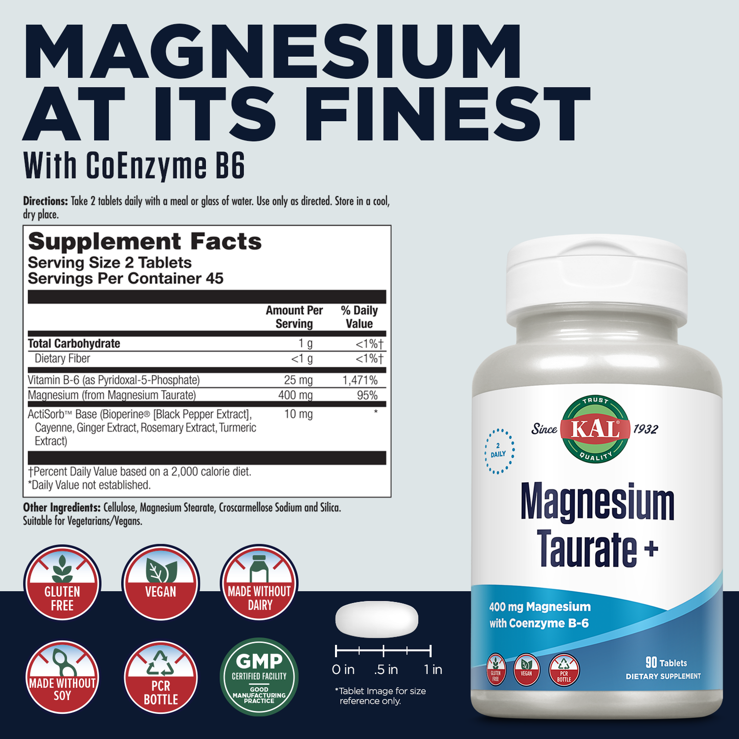 KAL Magnesium Taurate 400mg Plus CoEnzyme Vitamin B6, Chelated Magnesium Supplement, Healthy Muscle Function, Nerve and Heart Health Support, Gluten Free, Vegan, 60-Day Guarantee (45 Serv, 90 Tablets)