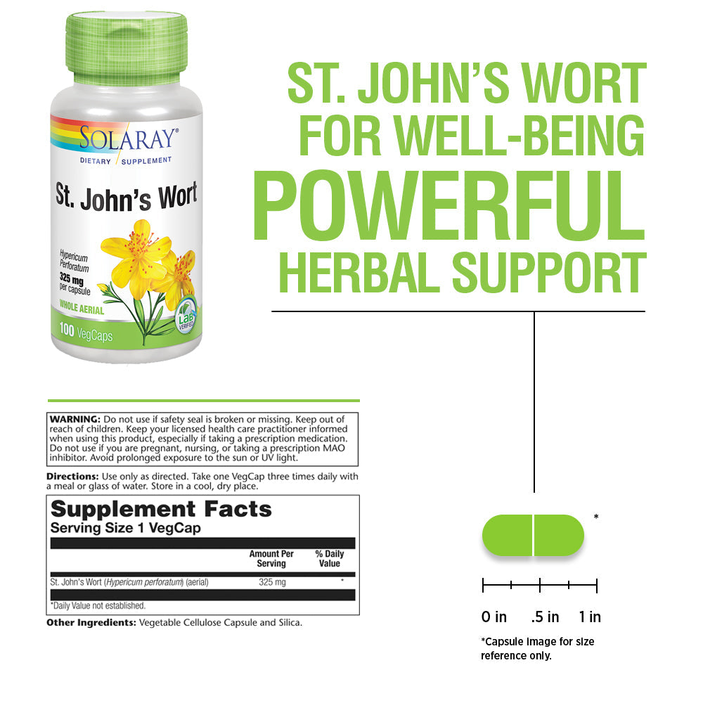 Solaray St John’s Wort 325 mg Whole Aerial - Brain Health and Mood Support Supplement - 60-Day Money Back Guarantee - Non-GMO, Vegan, Lab Verified