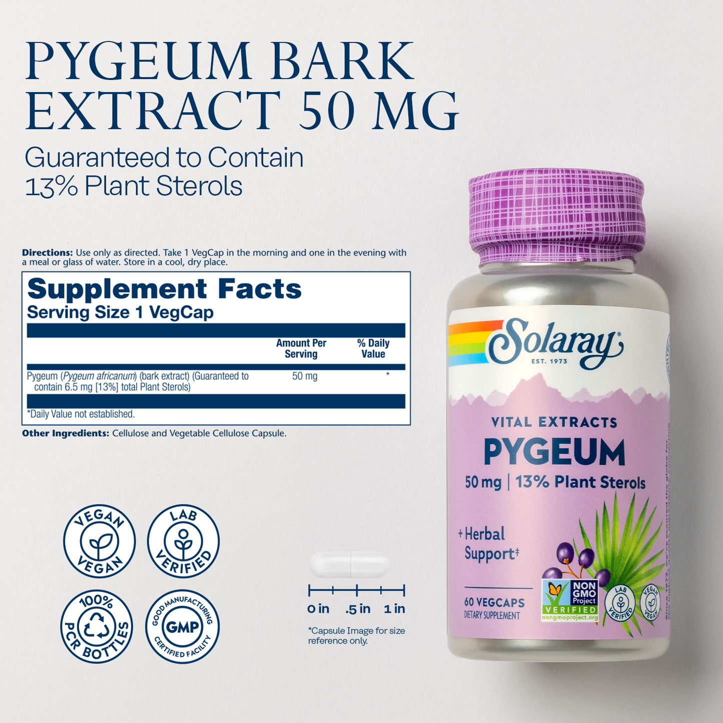 Solaray Pygeum Bark Extract 50mg Healthy Prostate Support Guaranteed to Contain 6.5mg Total Plant Sterols Non-GMO 60 VegCaps