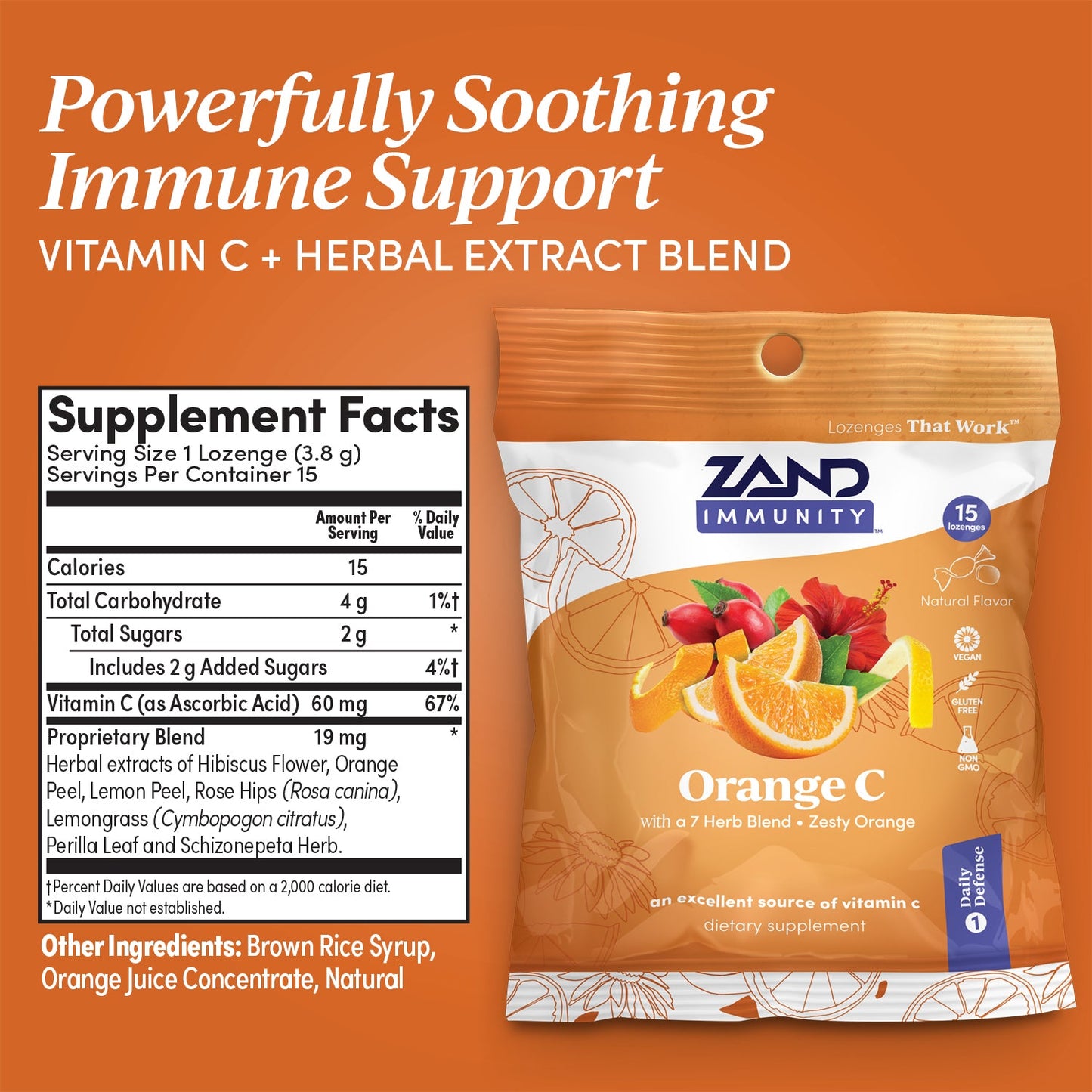 Zand Immunity Orange C HerbaLozenge | Vitamin C Throat Drops w/ Soothing Herb Extracts | Non-GMO (12 Bags, 15 Lozenges)