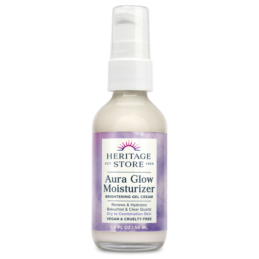 Heritage Store Aura Glow Facial Moisturizer, Brightening Gel Cream, Dry Combination Skin Care, Hypoallergenic, Renews & Firms Skin’s Appearance, Adds Radiance w/ Bakuchiol & Clear Quartz, Vegan 1.9oz