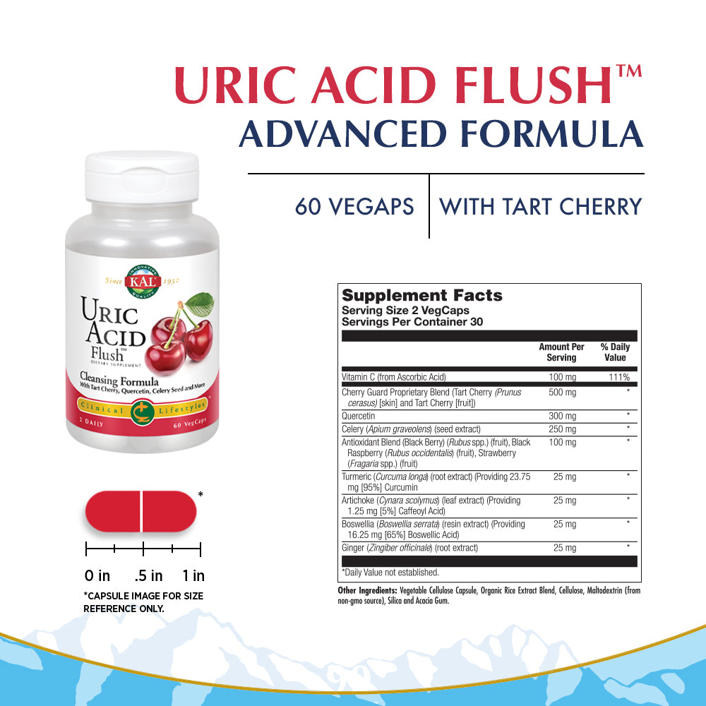 KAL Uric Acid Flush | Tart Cherry Blend, Celery Seed & More for Healthy Joint Comfort Support | 30 Servings | 60 VegCaps