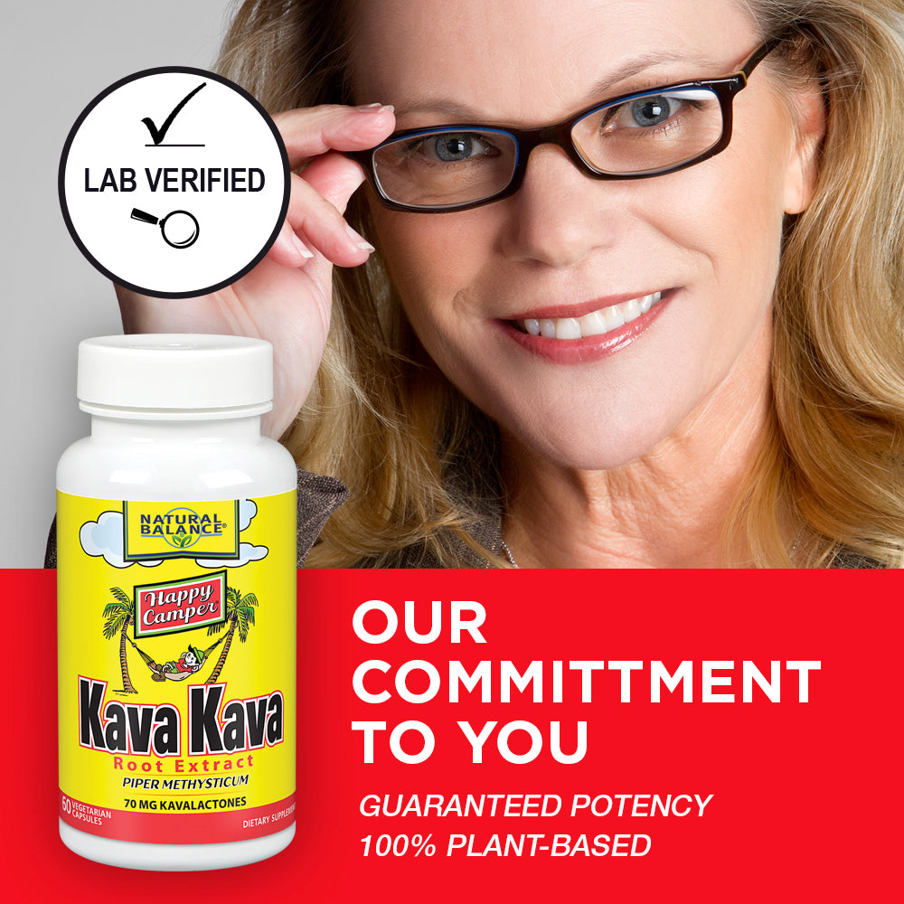 Natural Balance Happy Camper Kava Kava Root Extract | 70mg Kavalactones | Calm & Relaxation Supplement for Mood & Stress Support | 60 VegCaps