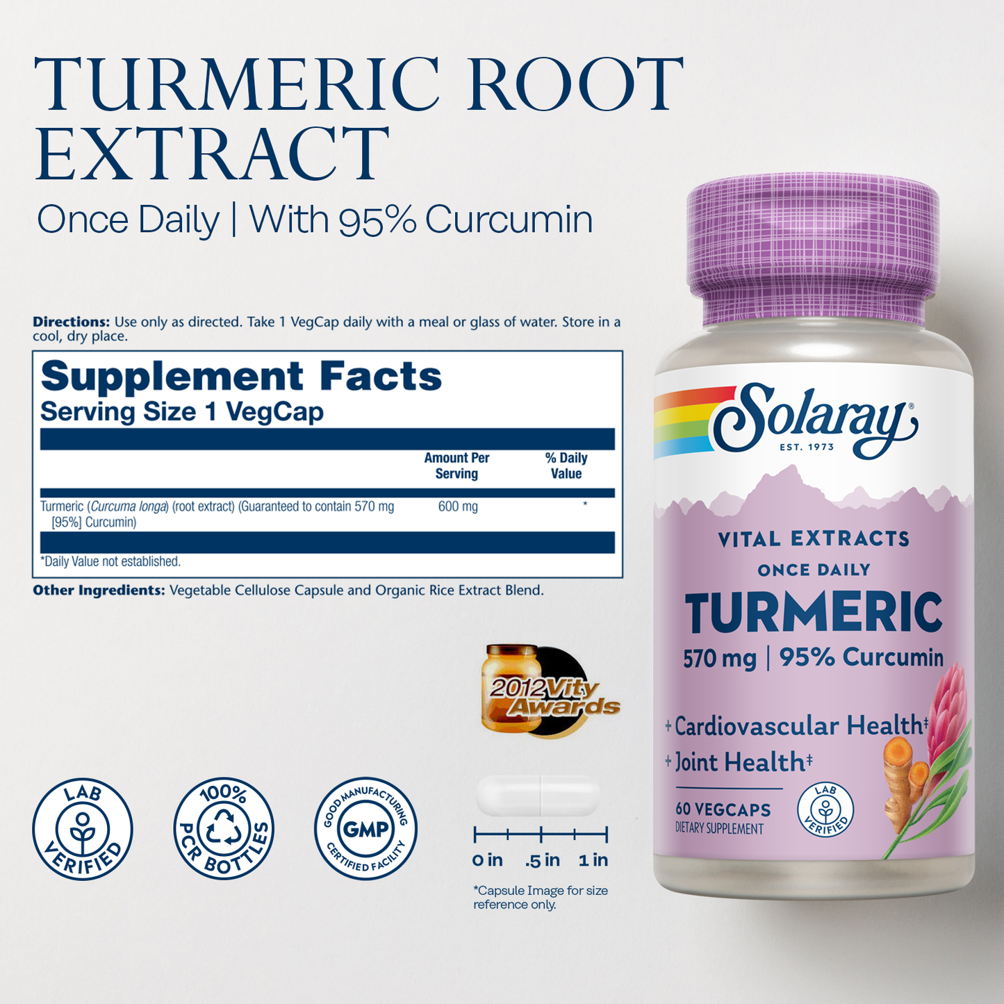 Solaray Turmeric Root Extract 600mg One Daily Healthy Joints, Cardiovascular System Support Guaranteed Potency (076280186628) (60 CT)