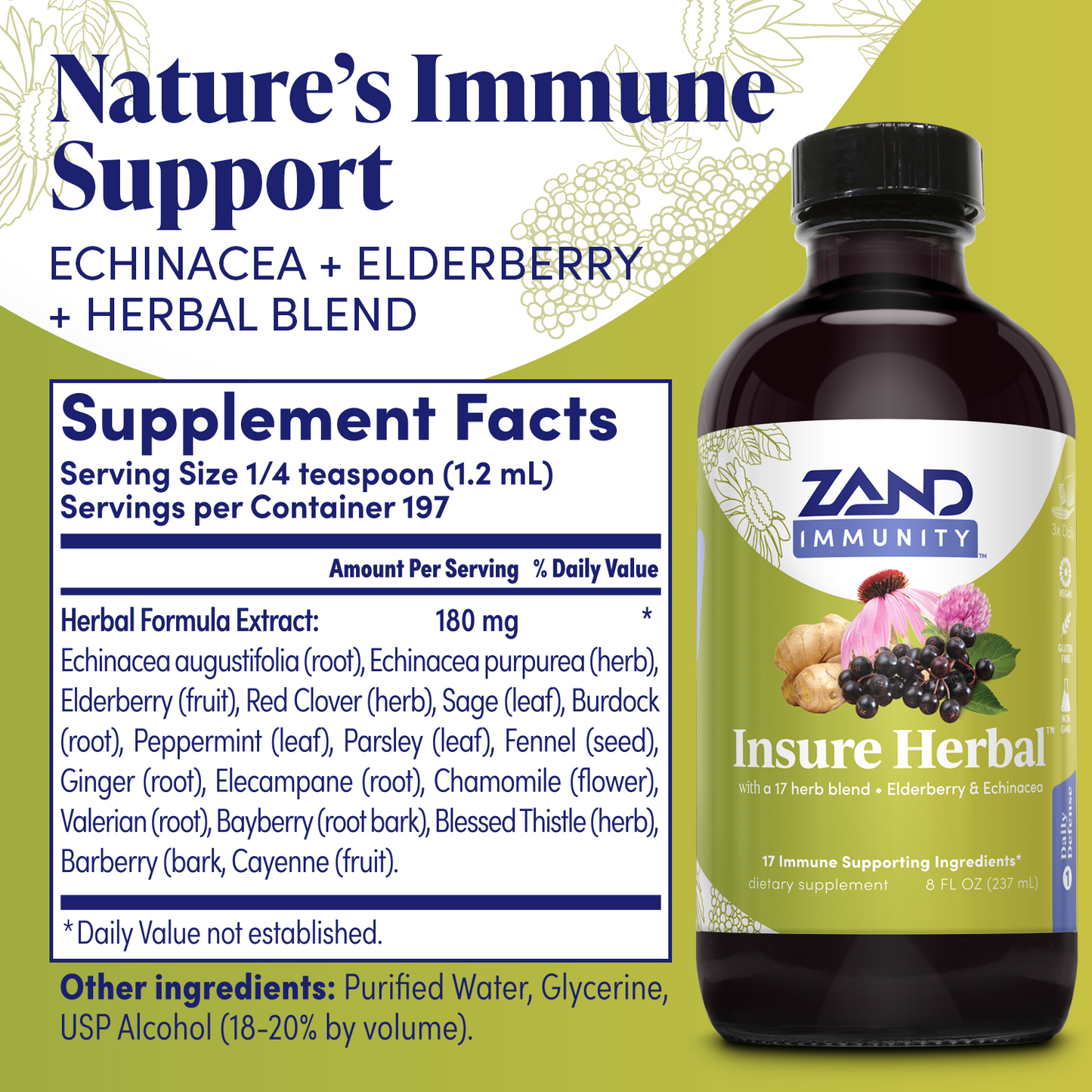 Zand Insure Immune Support, Herbal Liquid Echinacea Supplement, Features Goldenseal, Chamomile, Ginger & Valerian 4 oz (8oz)