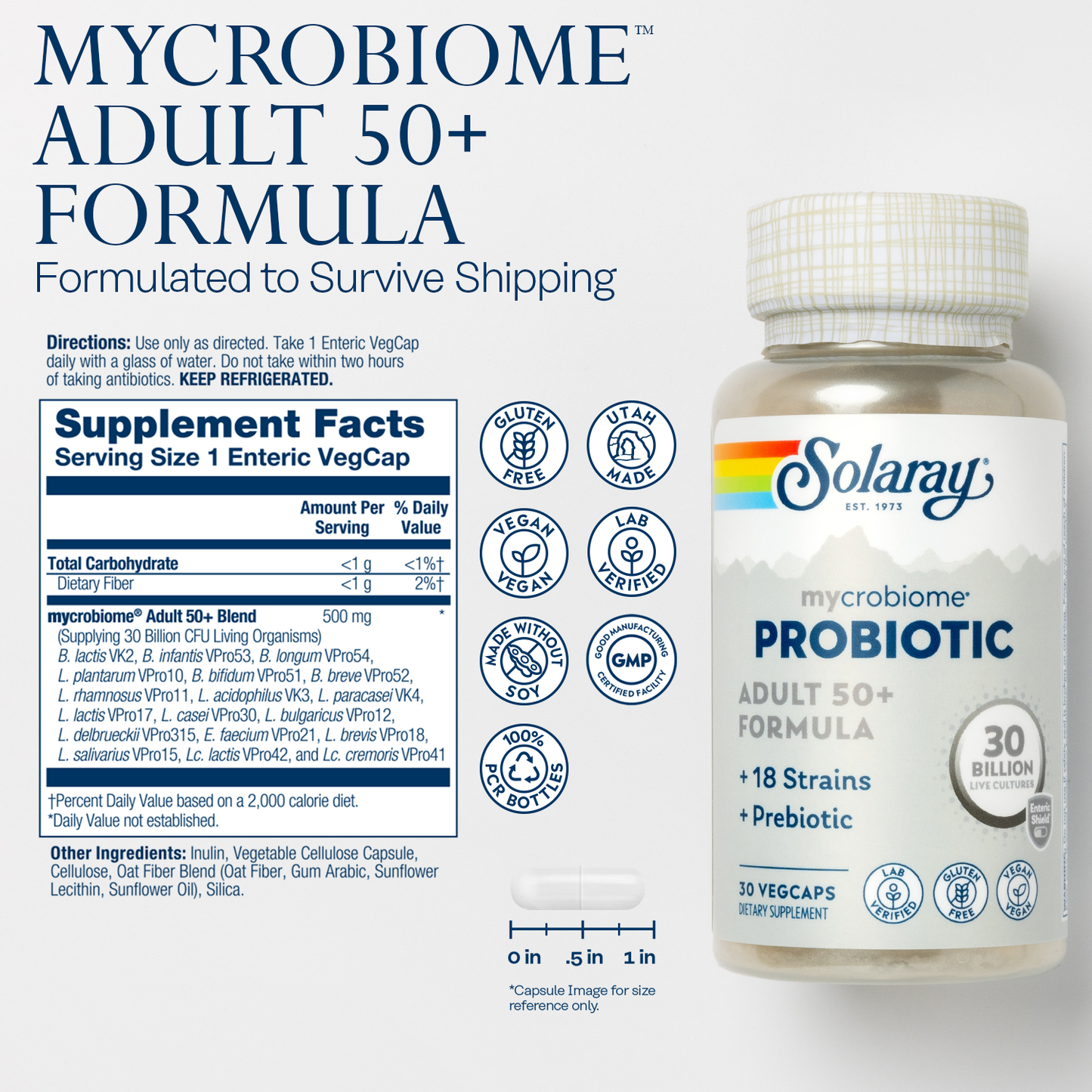 Solaray Mycrobiome Probiotic Adult 50 Plus Formula, Probiotics for Women and Men, Healthy Digestion, Metabolism, Energy, Colon and Urinary Tract Support, 30 Billion CFU, 30 Servings, 30 VegCaps