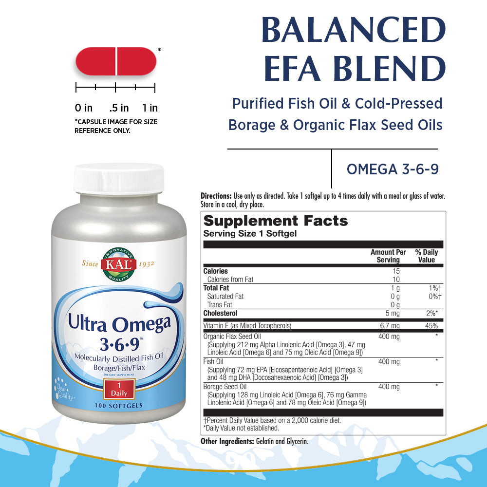 KAL Ultra Omega 3-6-9 1200mg | Fish Oil w/ Cold Pressed Flaxseed & Borage Oil | Skin, Hair, Heart, Memory