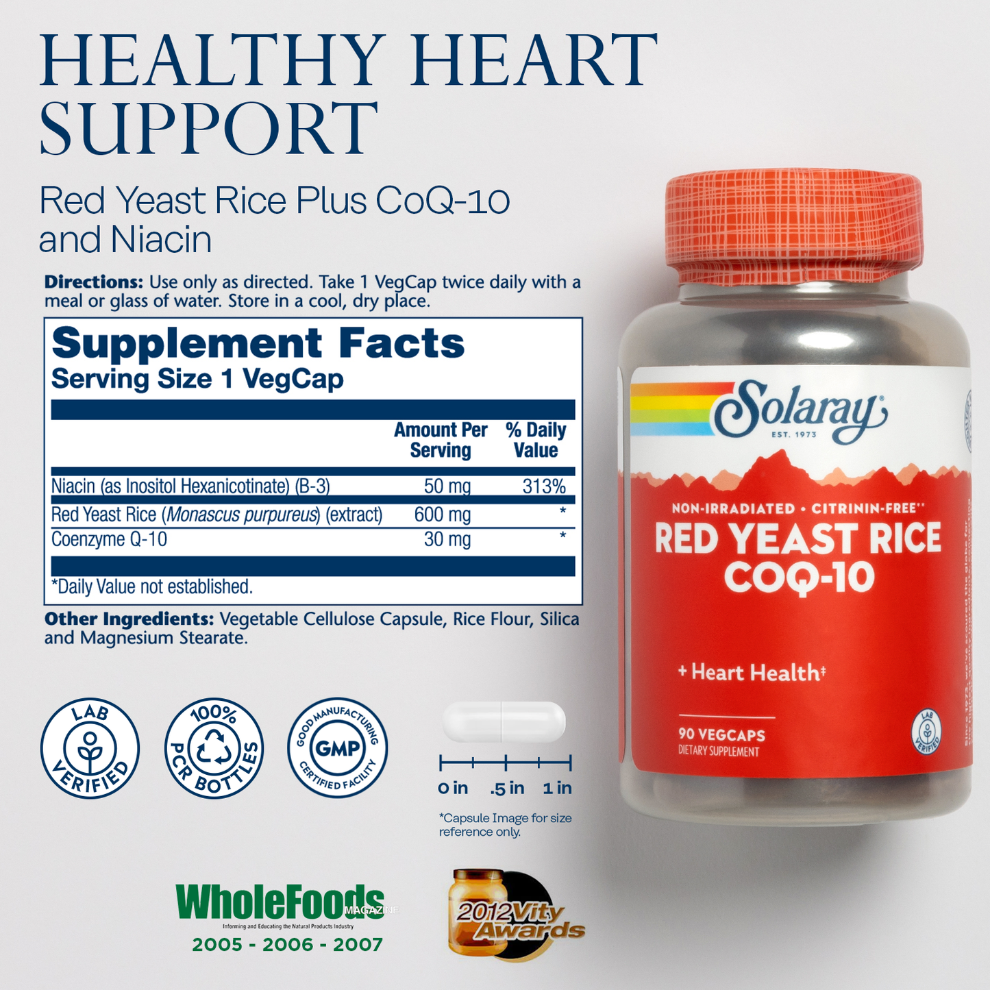 Solaray Red Yeast Rice Plus CoQ-10 | with Niacin for Added heart Health Support | Non-Irradiated & No Citrinin (90 CT)