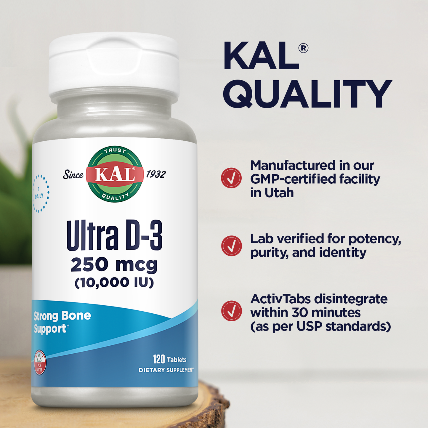 KAL Ultra Vitamin D3 10000 IU 250 mcg, High Potency Vitamin D Tablets, Calcium Absorption, Bone Health and Immune Support Supplement, Rapid Disintegration D-3 ActivTabs, 120 Servings, 120 Tablets