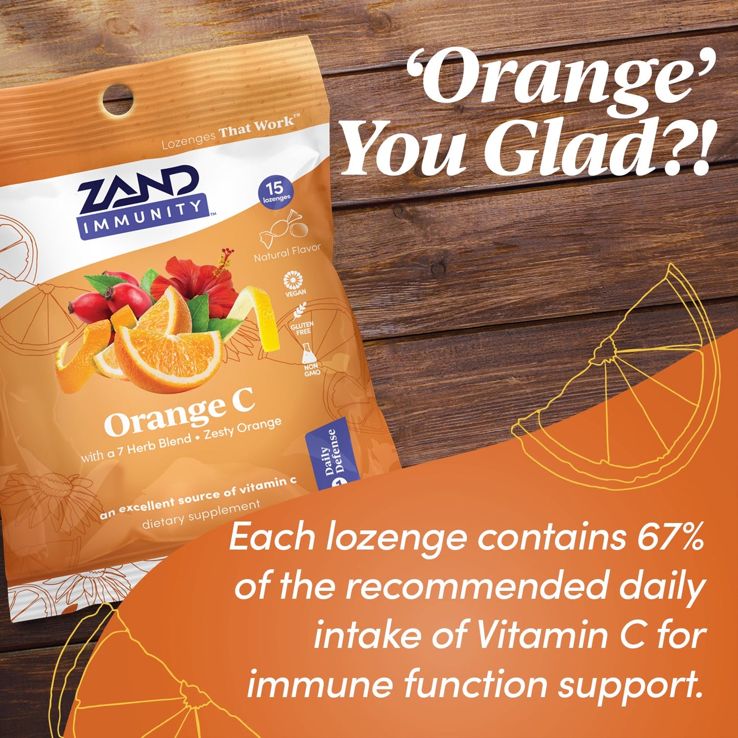 Zand Immunity Orange C HerbaLozenge | Vitamin C Throat Drops w/ Soothing Herb Extracts | Non-GMO (15 Lozenges)