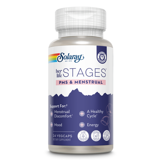 SOLARAY Her Life Stages PMS & Menstrual - PMS Support Supplement for Women with Cramp Bark, Vitex Chasteberry - Made Without Hormones - 60-Day Guarantee - Vegan, Lab Verified - 24 Servings, 24 VegCaps