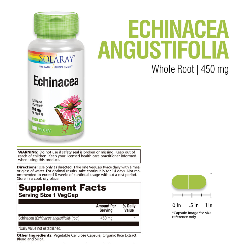 Solaray Echinacea Angustifolia Root 450 mg | Healthy Immune & Respiratory Function Support | Lab Verified | 100 VegCaps