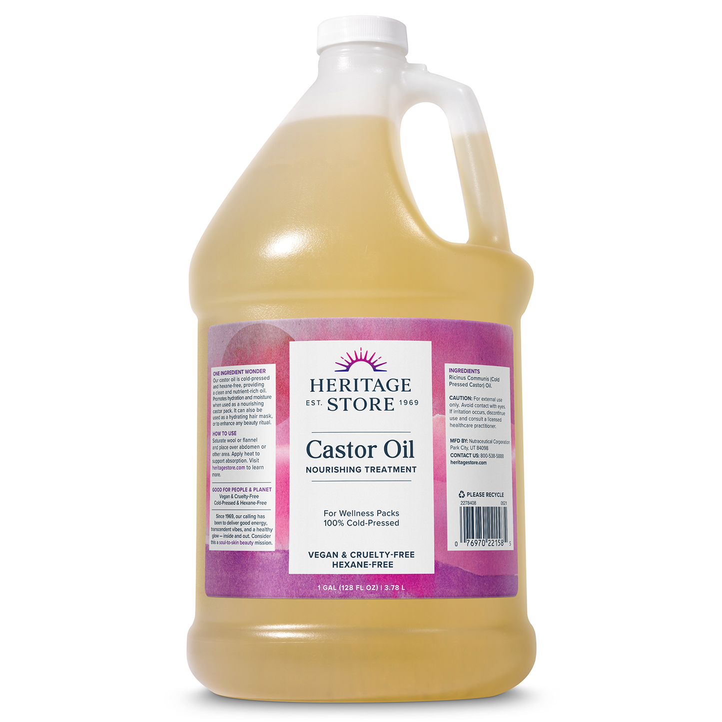 Heritage Store Castor Oil Nourishing Hair Treatment, Deep Hydration for Healthy Hair Care, Skin Care, Lashes & Brows, Castor Oil Packs, Cold Pressed, Hexane Free, Vegan, Cruelty Free, 128oz (1 Gallon)