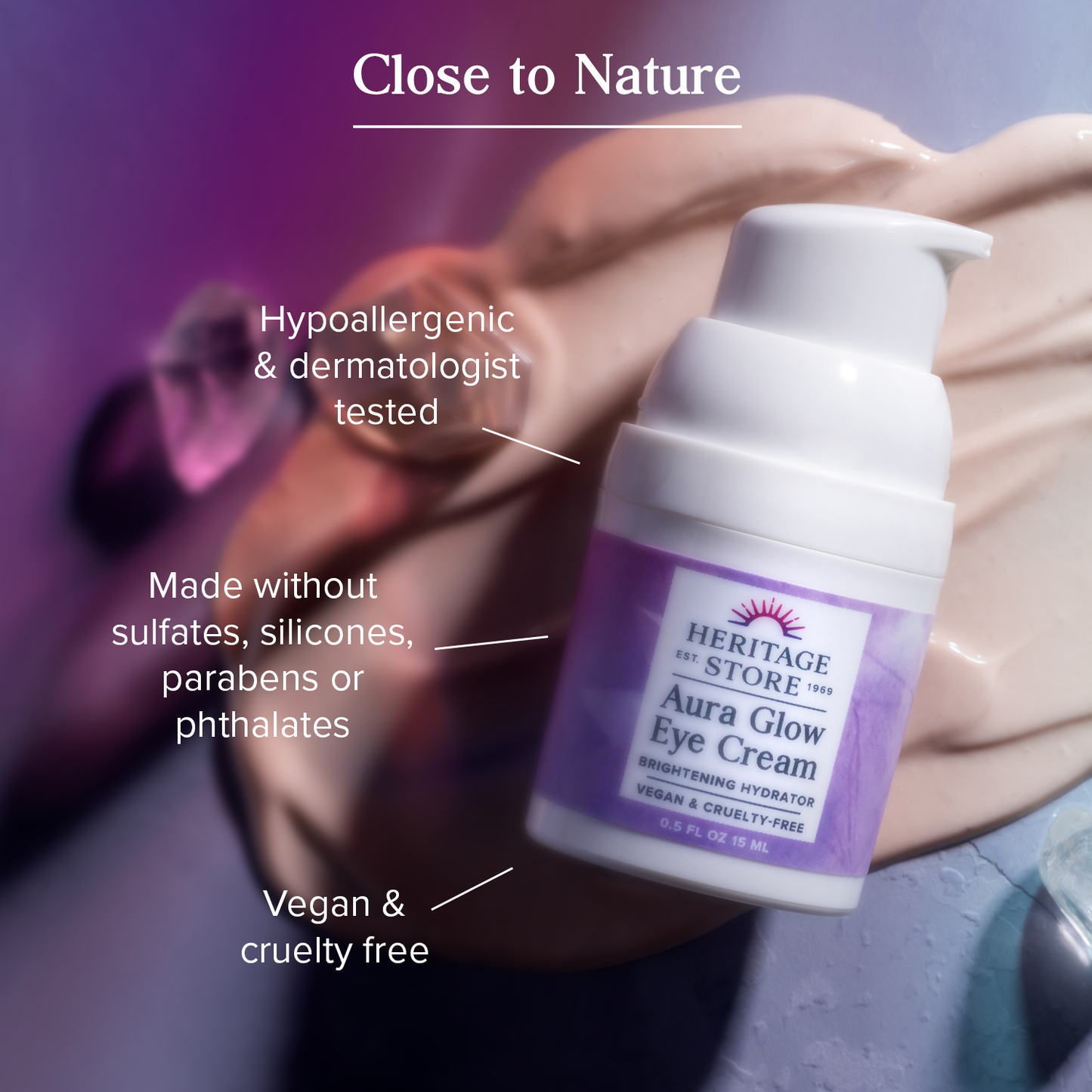 Heritage Store Aura Glow Eye Cream, Under Eye Brightener & Hydrator, Minimizes look of Puffiness, Dark Circles, Fine Lines & Wrinkles w/ Bakuchiol, Hyaluronic Acid, Kelp & Clear Quartz, Vegan, 0.5oz