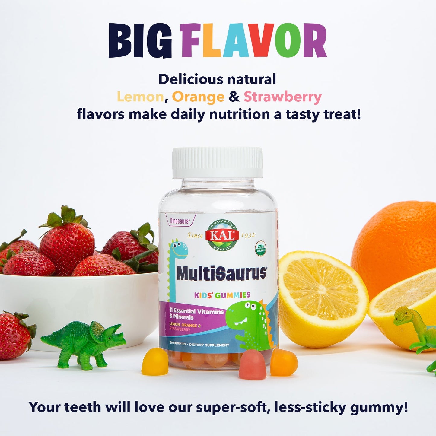 KAL MultiSaurus Multivitamin Gummies, USDA Organic Multivitamin for Kids, Healthy Bones, Immune & Energy Support, Vegan & Gluten Free, No Artificial Flavors or Colors, 30 Servings, 60 Gummies