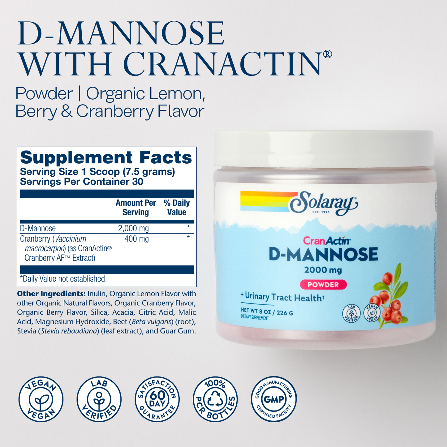Solaray D-Mannose with CranActin Cranberry AF Extract Powder 226 g Healthy Urinary Tract Support, 30 Servings , 8 oz