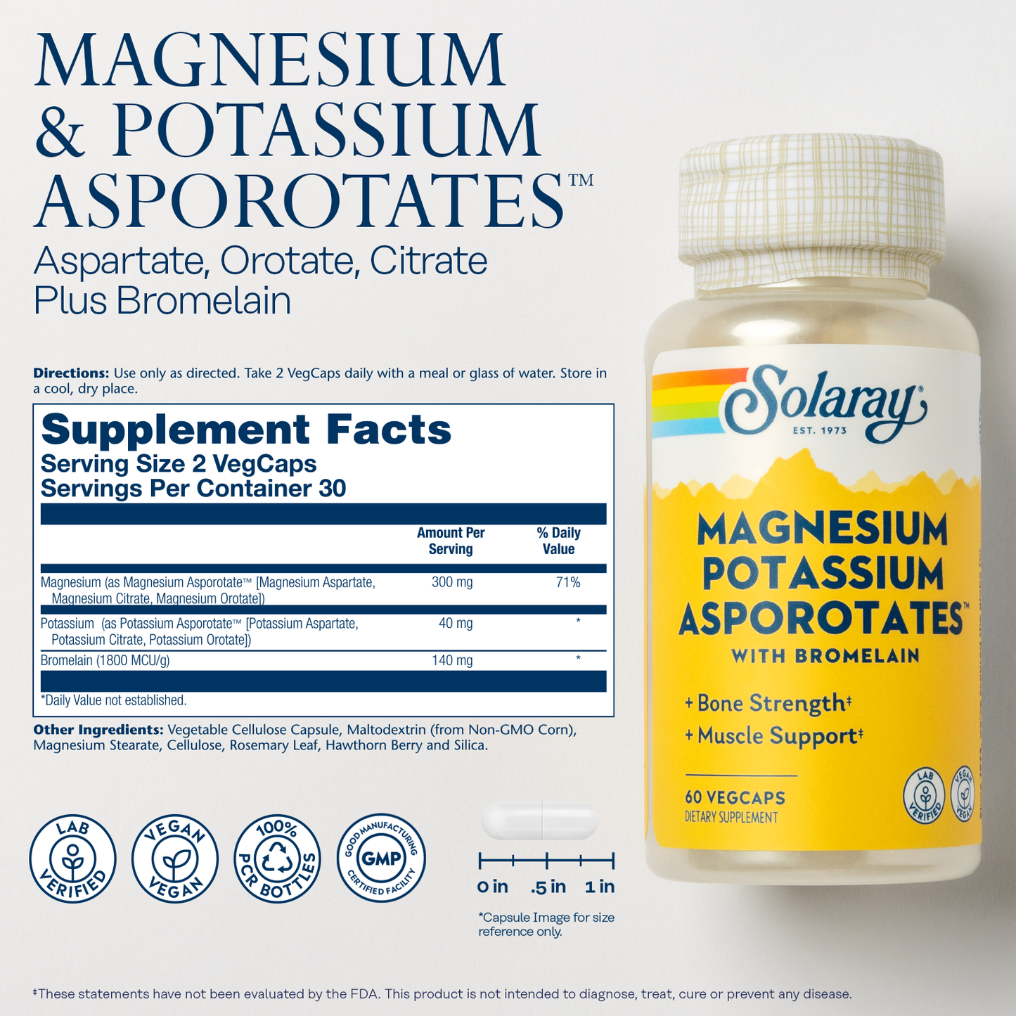 Solaray Magnesium and Potassium Asporotates w/ Bromelain, Healthy Electrolyte, Muscle, Heart & Cellular Support, 60 VegCaps