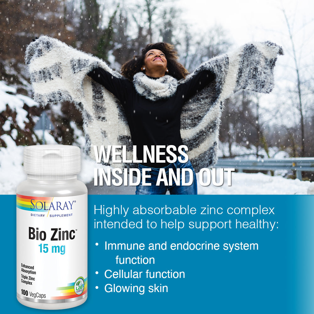 Solaray Bio Zinc 15 mg | Triple Zinc Complex for Healthy Immune System, Endocrine & Cell Function Support | 100 VegCaps