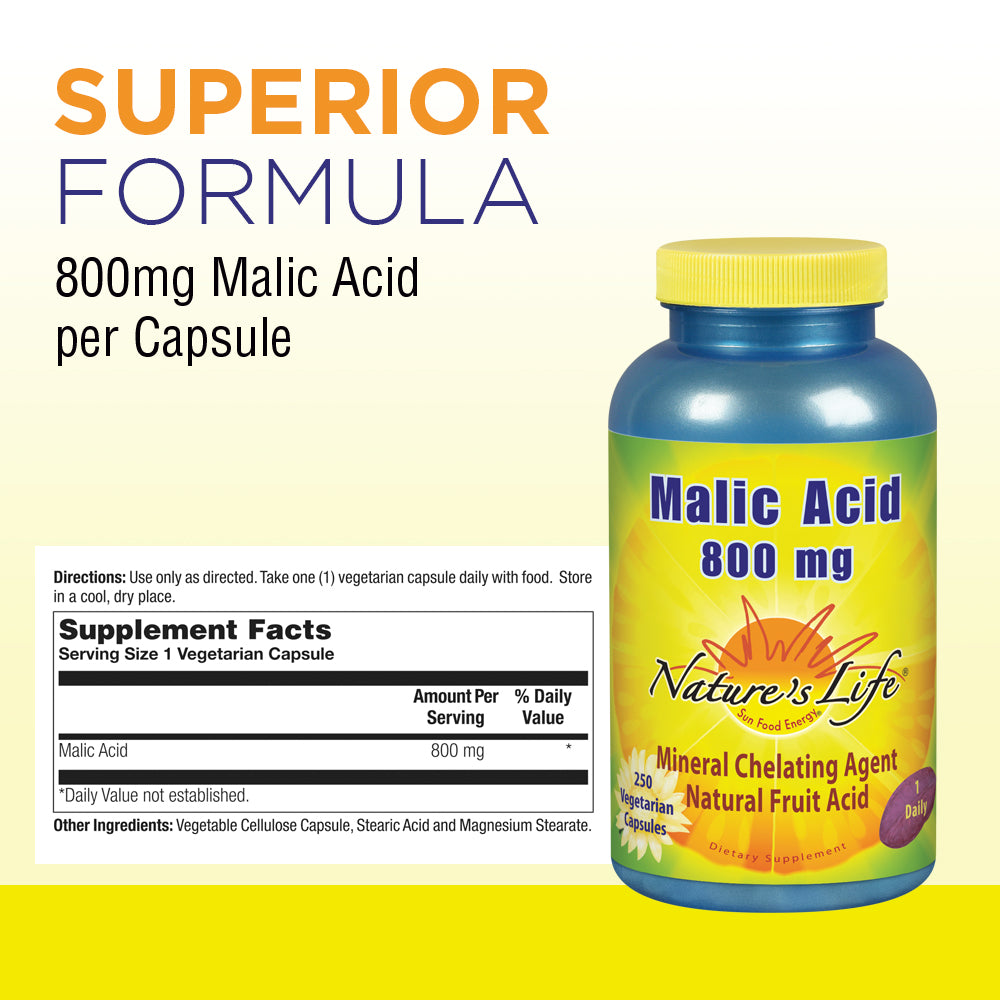 Nature's Life Malic Acid 800 mg Chelating Agent May Help Support Energy & Muscle Comfort No Gluten, Non-GMO 250 Count