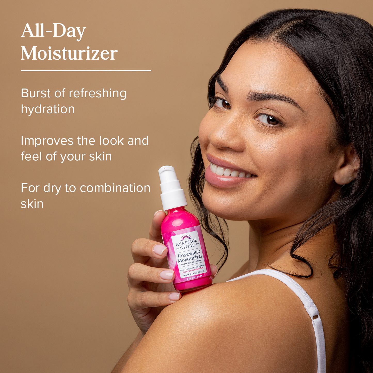 Heritage Store Rosewater Facial Moisturizer, Soothing Gel Cream for Dry Skin to Combination Skin, with Rose Complex, Niacinamide & Hyaluronic Acid, Vegan, Paraben Free & Cruelty Free, 2oz