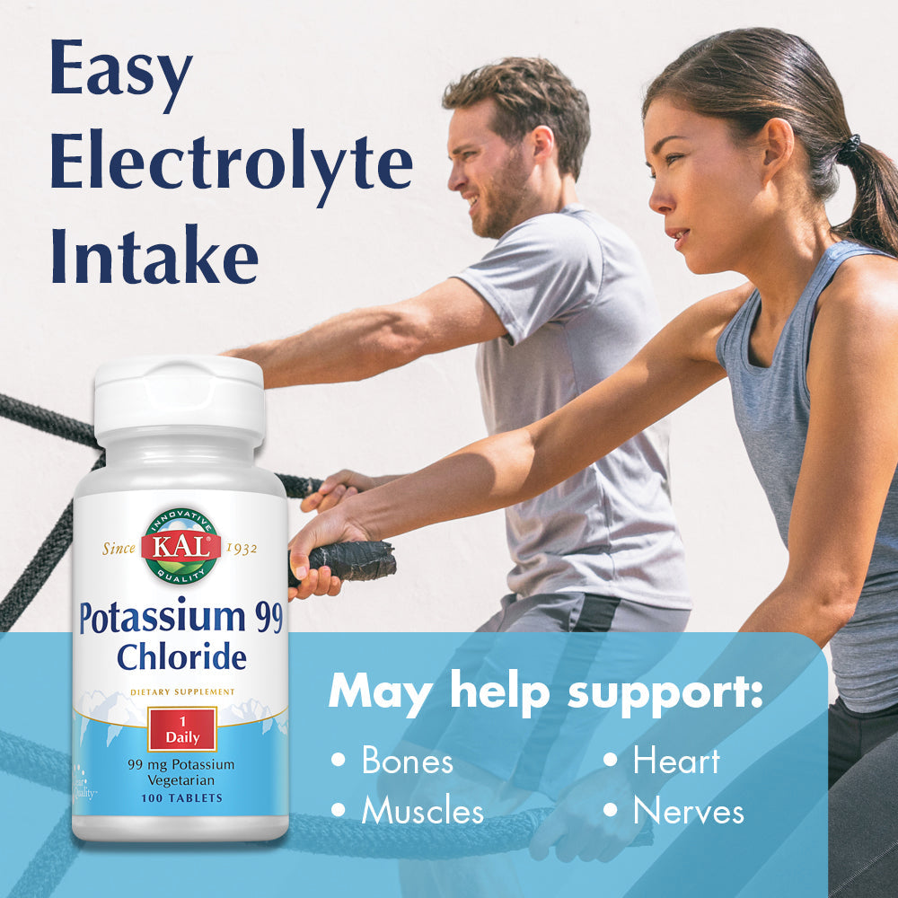 KAL Potassium Chloride 99mg | Nutritive Electrolyte Support for Bones, Heart, Muscles, Nerves | Fast Acting | 100ct