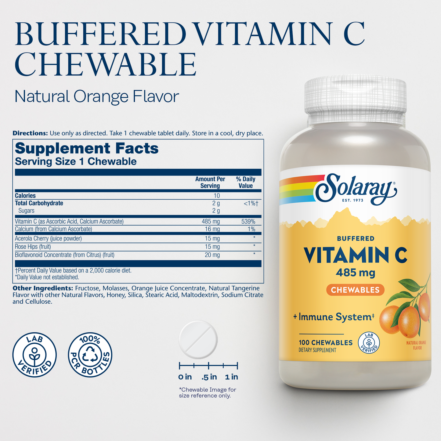 Solaray Chewable Vitamin C Buffered Natural Orange Flavor w/ Rose Hips & Acerola 500mg 100 Chewables