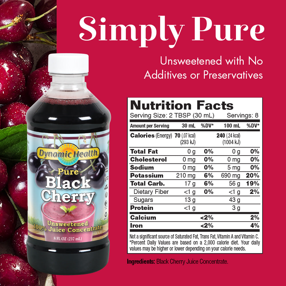 Dynamic Health Pure Black Cherry Unsweetened 100% Juice Concentrate | No Additives or Preservatives | Antioxidant | 8oz (Packaging Varies)