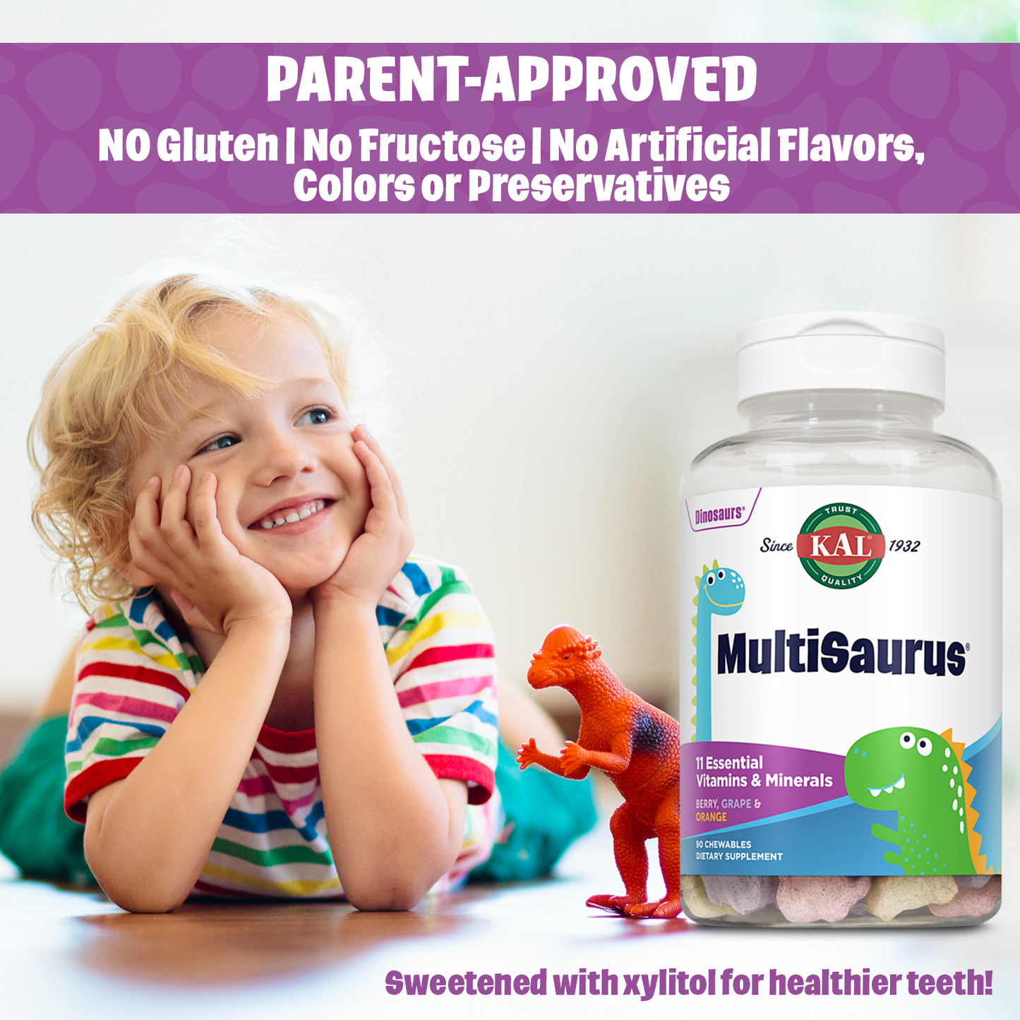 KAL MultiSaurus Kids Chewable Multivitamins, 11 Essential Vitamins and Minerals for Kids, Berry, Grape, Orange Chewables, Gluten and Fructose Free, 90 Servings, 90 Dinosaur-Shaped Chewables