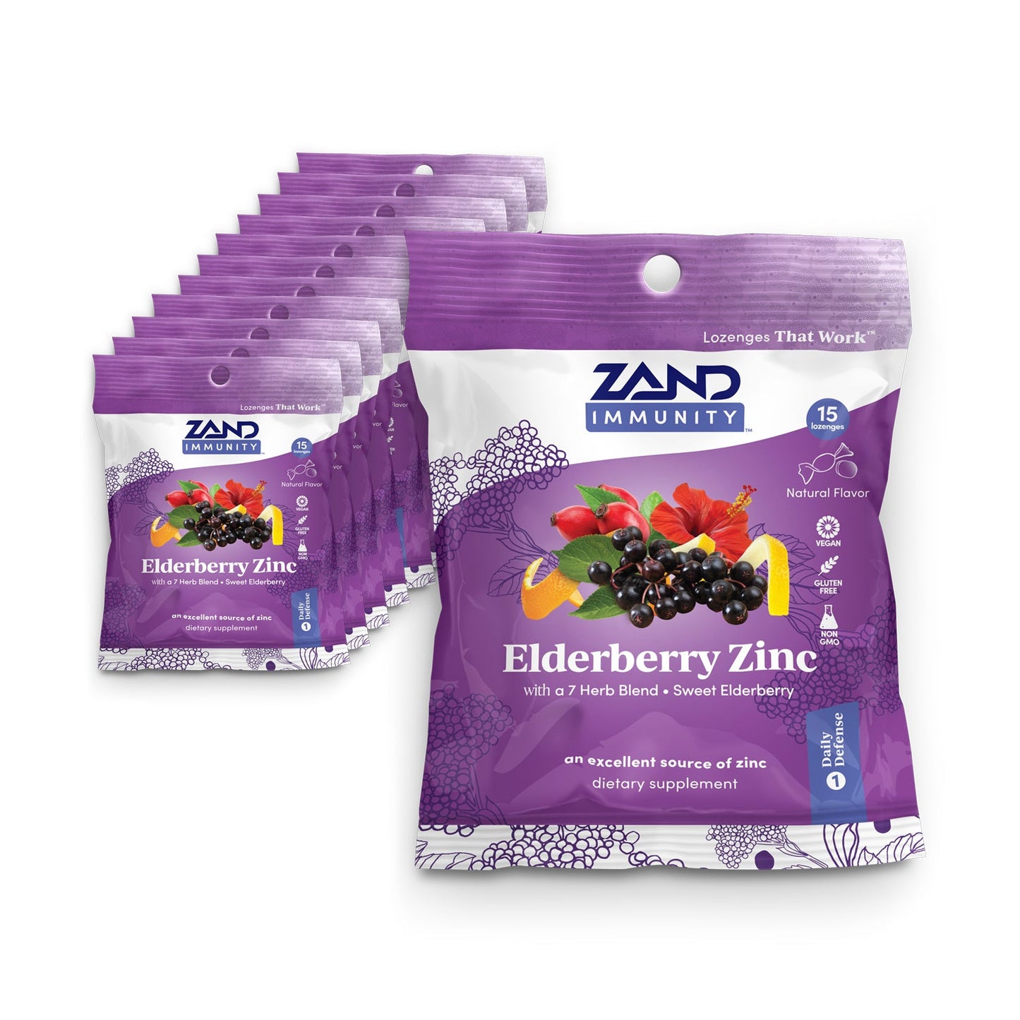 Zand HerbaLozenge Elderberry Zinc Lozenges for Dry Throats, No Artificial Sweeteners, No Corn Syrup, No Cane Sugar (12 Bags, 15 Lozenges)