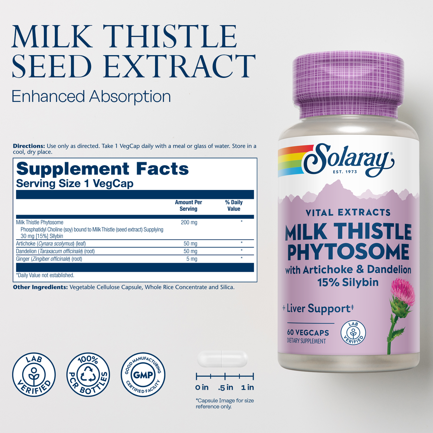 Solaray Milk Thistle Phytosome with Artichoke, Dandelion, and Ginger - Milk Thistle Extract Supplying 15% Silybin - Liver Supplement - 60-Day Guarantee, Lab Verified - 60 Servings, 60 VegCaps