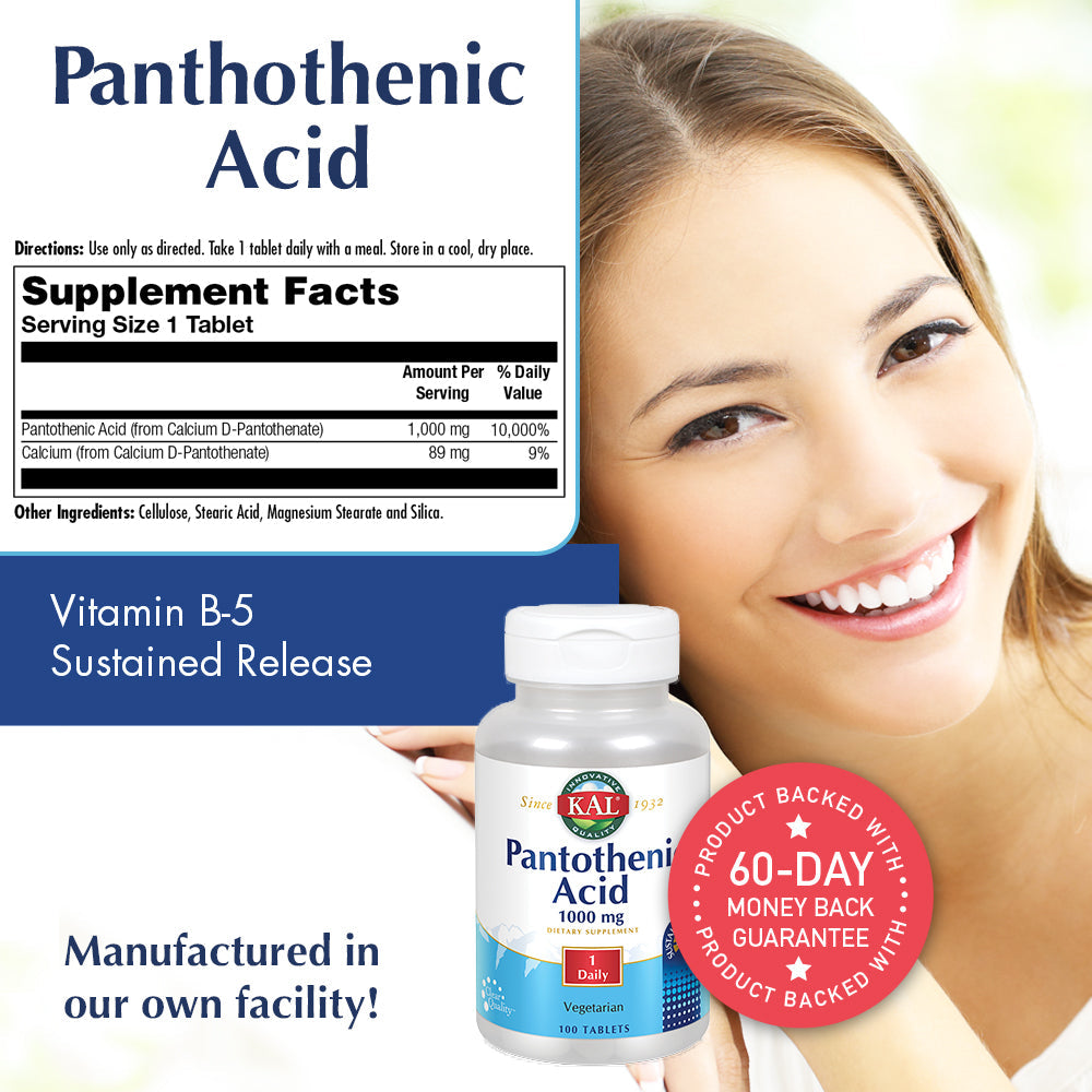 KAL Pantothenic Acid Sustained Release 1000mg | For Energy Storage & Release | Supports Metabolism of Carbs, Fats & Proteins | Vegetarian | 100ct