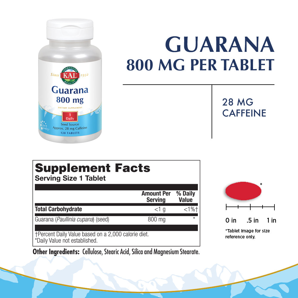KAL Guarana 800 mg | Approx. 28 mg of Naturally Occurring Caffeine | Healthy Energy & Focus Support | 120 Tablets