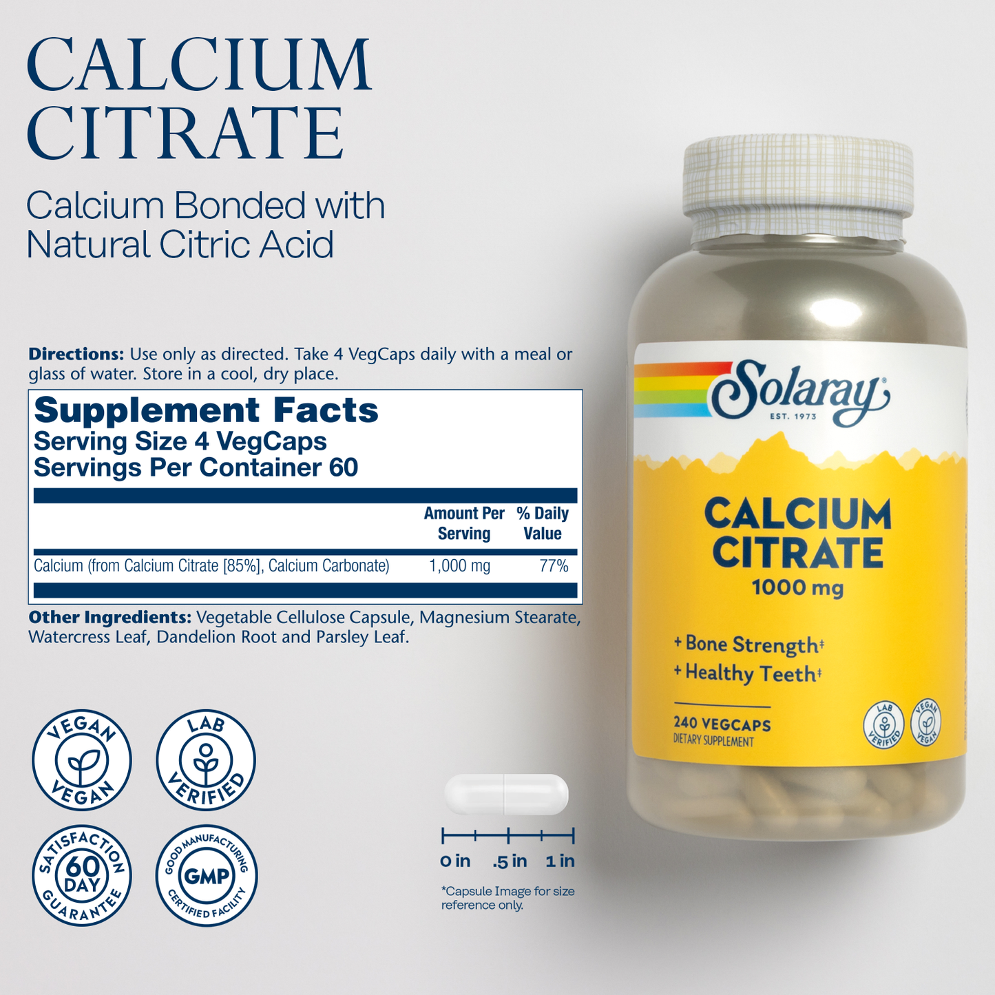 Solaray Calcium Citrate 1000mg, Chelated Calcium Supplement for Bone Strength, Healthy Teeth & Nerve, Muscle & Heart Function Support, Easy to Digest, 60-Day Guarantee, Vegan | 30 Servings | 120ct (240 Count (Pack of 1))