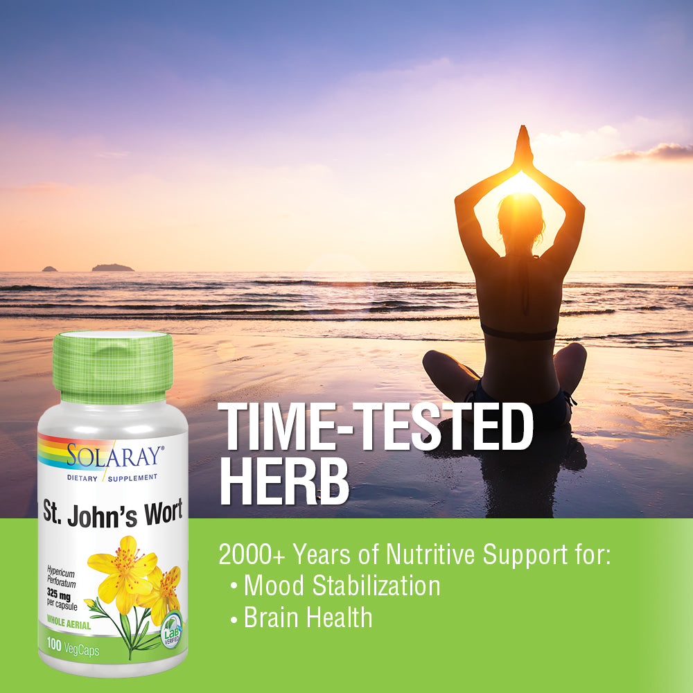 Solaray St John’s Wort 325 mg Whole Aerial - Brain Health and Mood Support Supplement - 60-Day Money Back Guarantee - Non-GMO, Vegan, Lab Verified