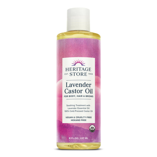 Heritage Store Lavender Castor Oil, Organic, Soothing Treatment with Lavender Essential Oil, Deep Hydration for Healthy Hair Care, Skin Care, Castor Oil Packs, Natural Lavender Scent, Vegan, 8oz