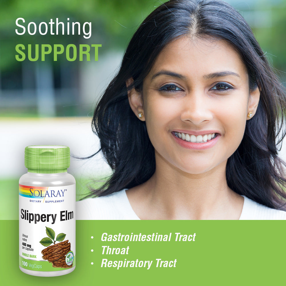 Solaray Slippery Elm Bark 400mg | Healthy Respiratory Tract Function, Throat Comfort & Gastrointestinal Support | Non-GMO & Lab Verified | 100 VegCaps