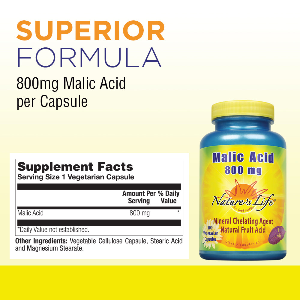Nature's Life Malic Acid 800 mg Chelating Agent May Help Support Energy & Muscle Comfort No Gluten, Non-GMO 250 Count