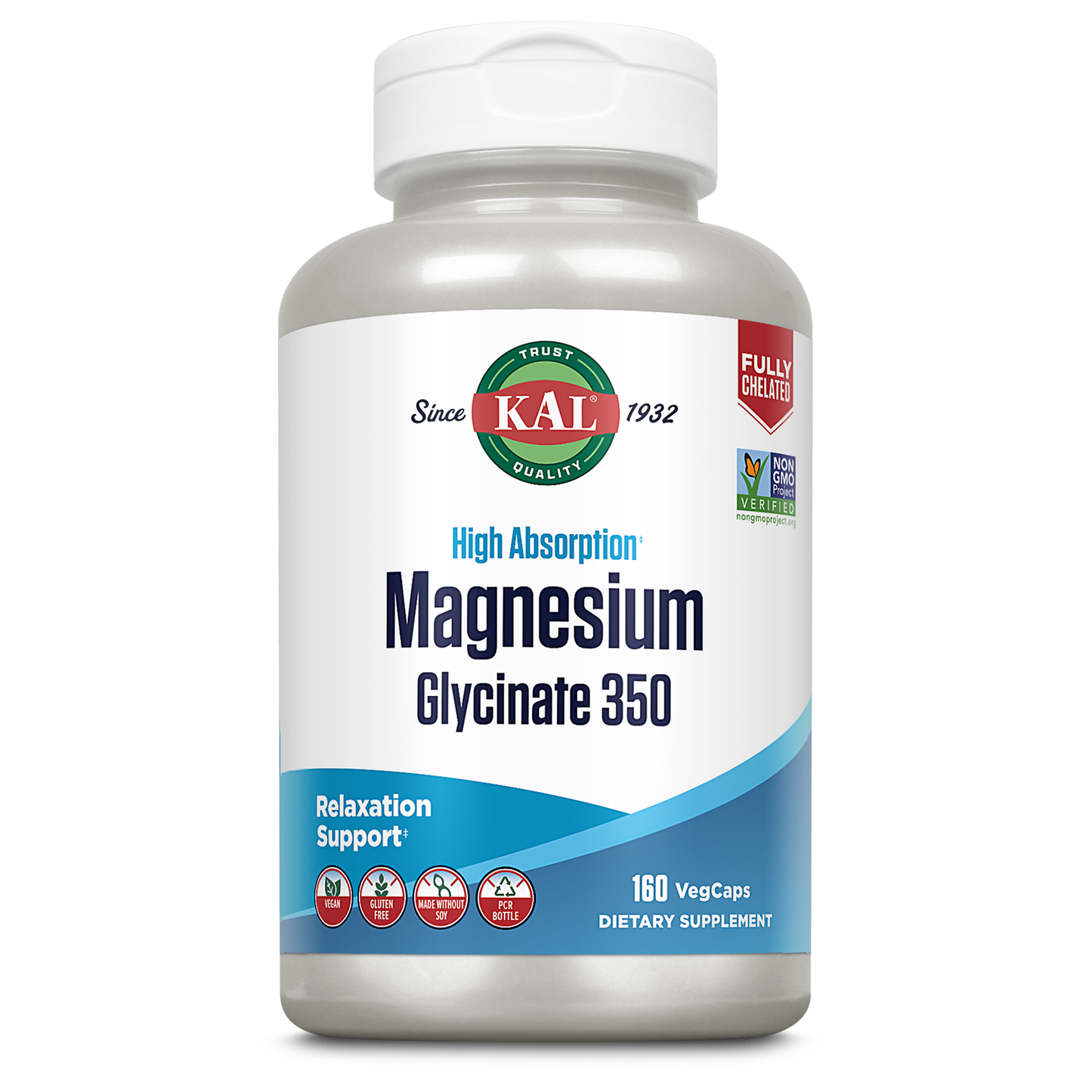 KAL Magnesium Glycinate Capsules, Fully Chelated Magnesium Bisglycinate, High Absorption Magnesium Supplement, Healthy Bones, Muscle, Relaxation and Stress Support, Non-GMO