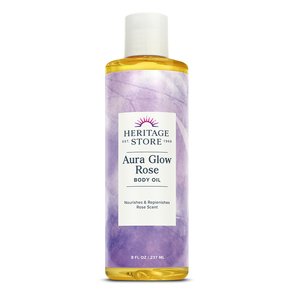 HERITAGE STORE Aura Glow Rose Body Oil, Luxurious Skin Moisturizer, Massage Oil and Bath Oil, Carrier Oil for Essential Oils and Aromatherapy, Soft Rose Scent, All Skin Types, 60-Day Guarantee, 8oz