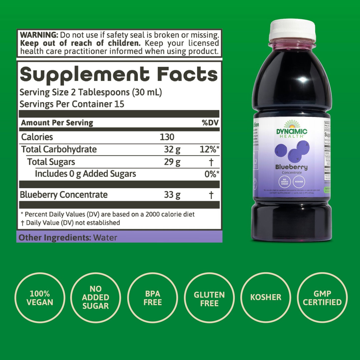 Dynamic Health Blueberry Concentrate, 100% Concentrate, Unsweetened, No Additives, Brain Function, Antioxidant Support, Vegan, Gluten Free, Non-GMO, 16 Fl oz