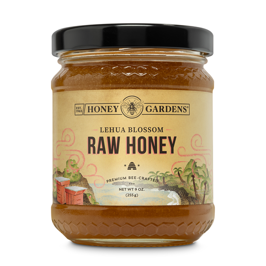 Honey Gardens Lehua Blossom Raw Honey, Premium Bee-Crafted Honey from Nectar of Hawaii’s Lehua Blossom, Rich, Tropical Flavor, Unpasteurized, Unfiltered, Unheated, 12 Servings, 9 OZ.