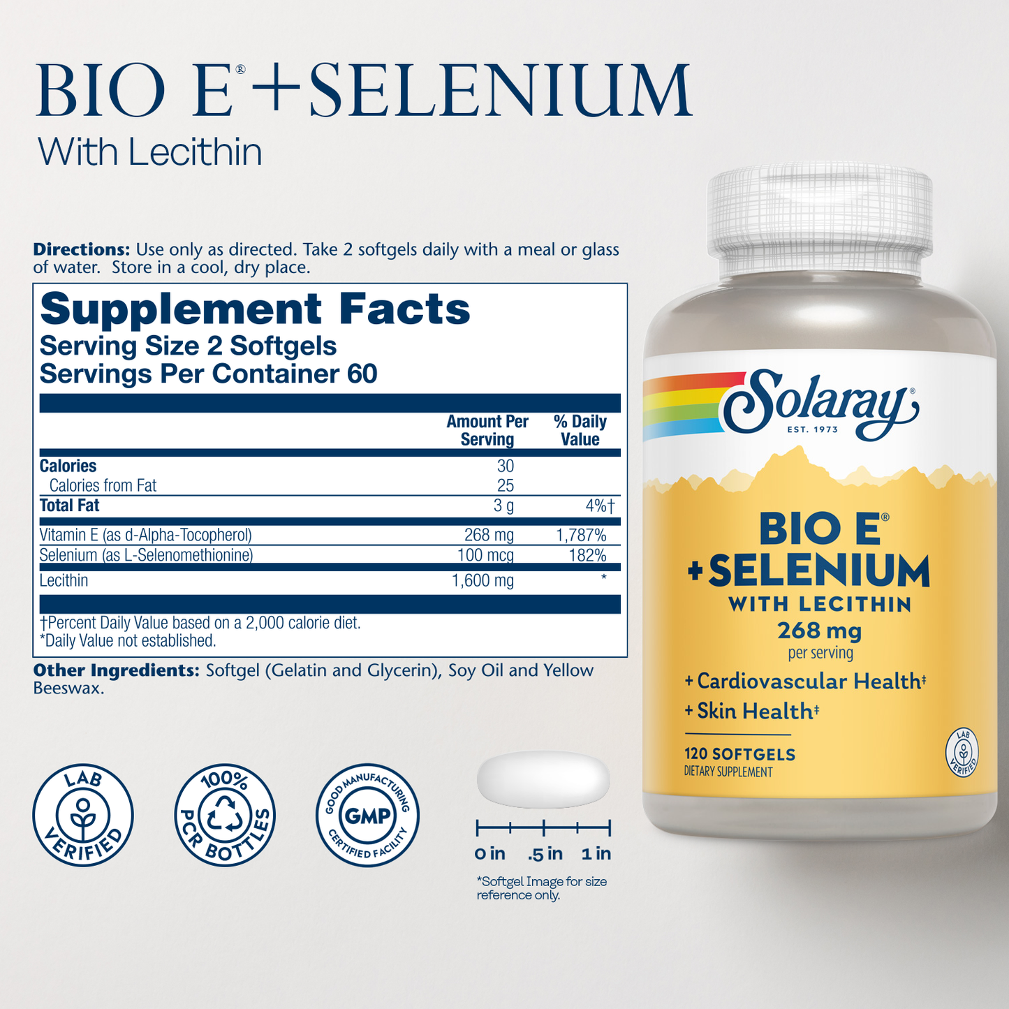 Solaray Bio Vitamin E with Selenium 400IU Healthy Cardiac Function, Antioxidant Activity & Skin Support High Absorption 120 Softgels