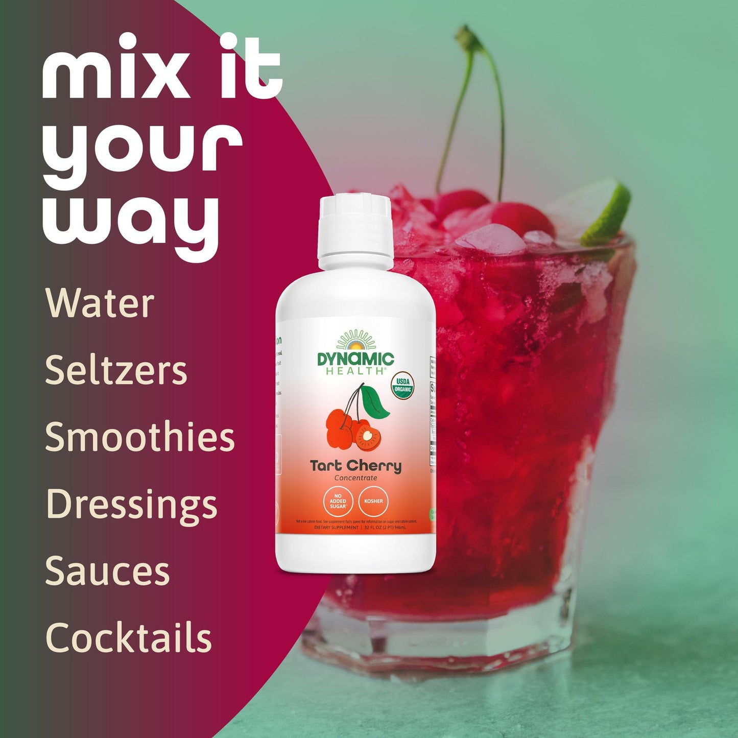 Dynamic Health Organic Tart Cherry Juice, Unsweetened 100% Juice Concentrate, Antioxidants Supplement, No Sweeteners or Additives, Vegan, Gluten Free, BPA Free, 16 oz