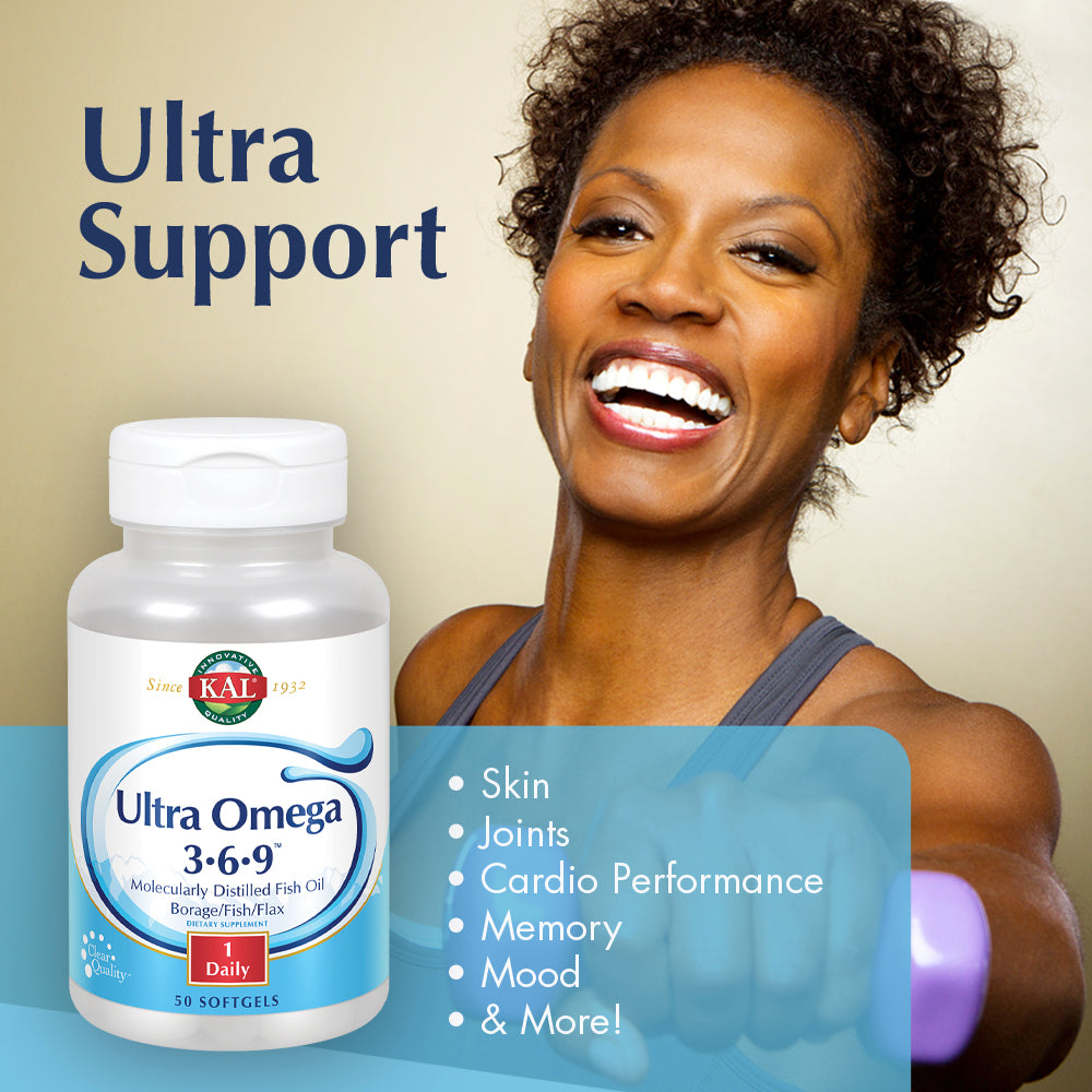 KAL Ultra Omega 3-6-9 1200mg | Fish Oil w/ Cold Pressed Flaxseed & Borage Oil | Skin, Hair, Heart, Memory