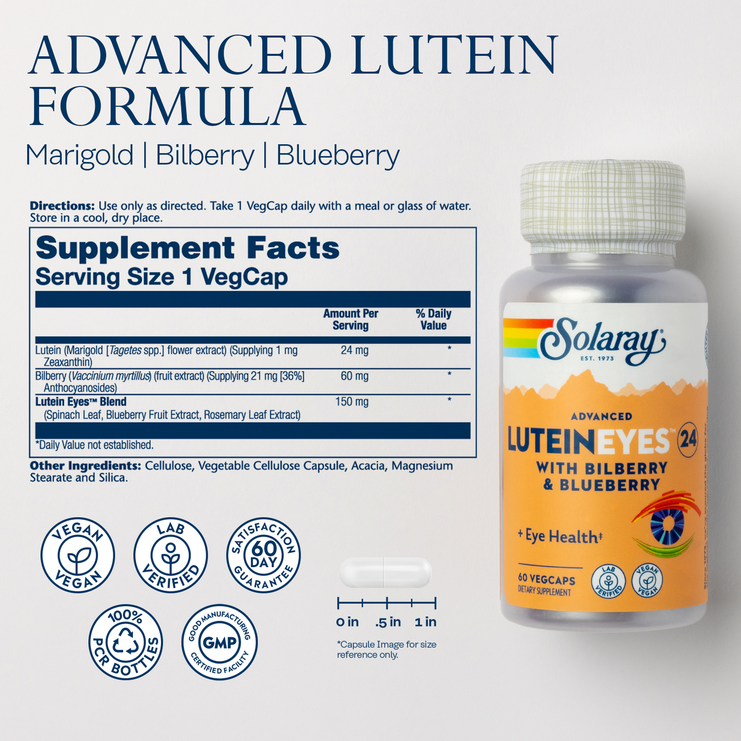 Solaray Advanced Lutein Eyes, 24mg Eye & Macular Health Support Supplement w/ Naturally Occurring Lutein , 60 CT (60 Servings, 60 VegCaps)