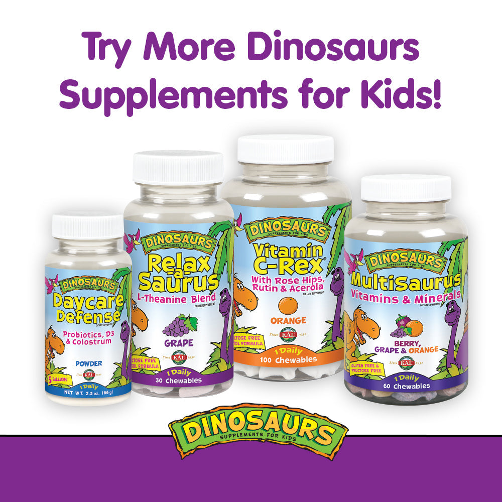 KAL Focus-Saurus | Focus Support for Kids | Amino Acid, Antioxidant & GABA Focus Blend for Children | No Sugar, Grape Flavor Chewables | 30 ct
