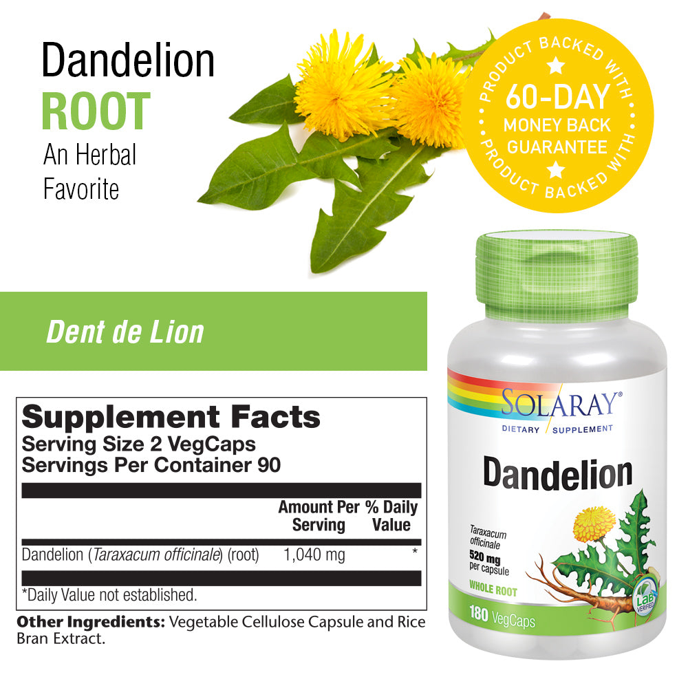 Solaray Dandelion Root 1040mg | Healthy Liver, Kidney, Digestion & Water Balance Support | Whole Root | Non-GMO, Vegan & Lab Verified | 180 VegCaps
