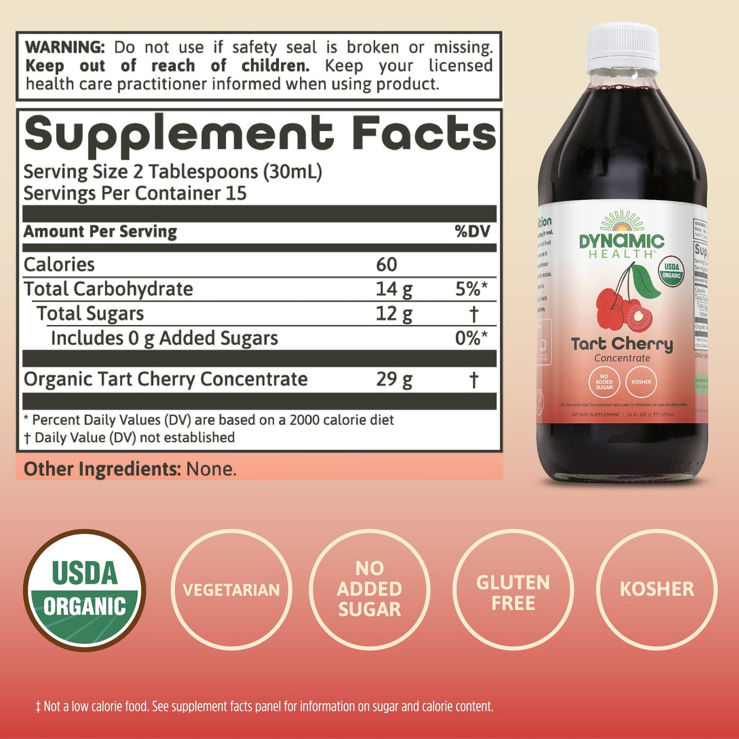Dynamic Health Organic Tart Cherry Juice, Unsweetened 100% Juice Concentrate, Antioxidants Supplement, No Sweeteners or Additives, Vegan, Gluten Free, BPA Free, 16 oz