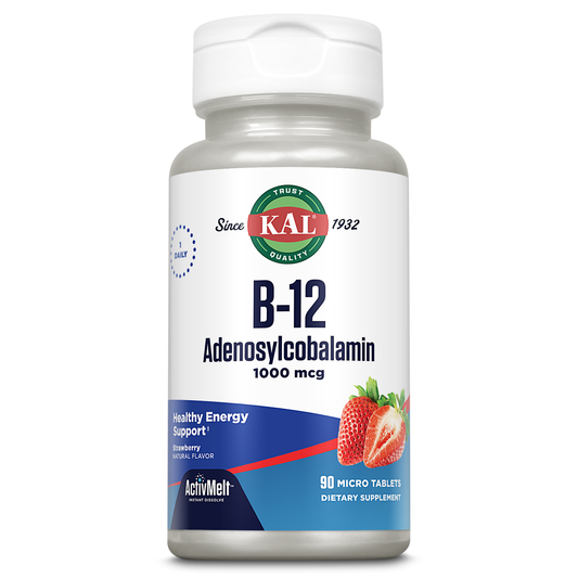 KAL Vitamin B12 1000 mcg Adenosylcobalamin ActivMelt, B12 Energy Supplements, Metabolism, Nerve and Red Blood Cell Support, High Absorption, Vegetarian, Natural Strawberry, 90 Serv, 90 Micro Tablets